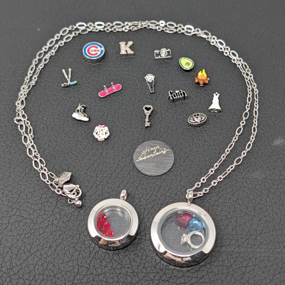Origami Owl Floating Locket Necklace Set Silver Tone Charms Chicago Cubs Faith